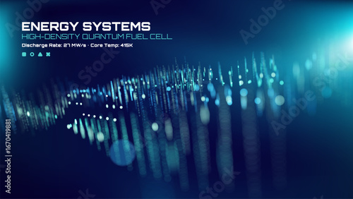 Energy systems with high-density quantum fuel cell and abstract data visualization. Futuristic technology background for digital concepts.