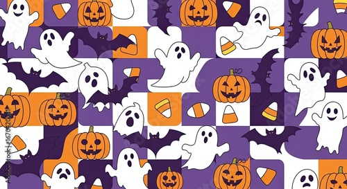 Whimsical halloween pattern featuring playful ghosts grinning jack o lanterns and flying bats on a purple background