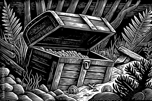 Treasure chest inside abandoned shipwreck, wooden planks broken, pearls and gems spilling out, underwater scene, black and white sketch.
