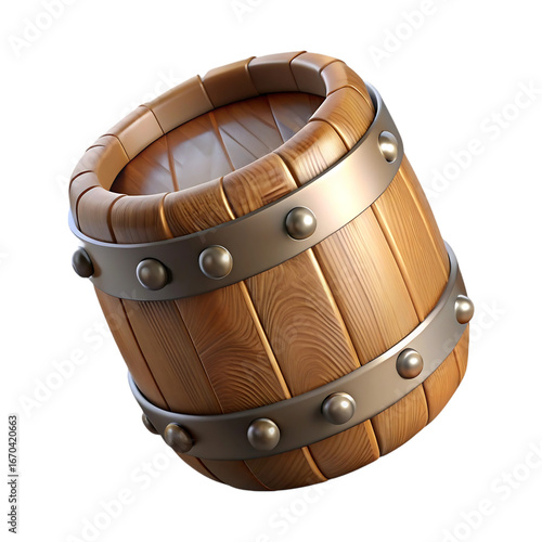 Rustic wooden barrel with metal bands isolated on transparent background