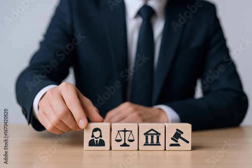 Legal Concept with Wooden Blocks Showing Justice, Law, Court and Lawyer Icons in a Business Setting