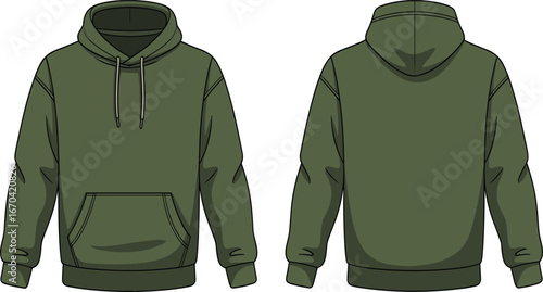Technical sketch of hooded sweatshirt, front and back view, drawstring hood, kangaroo pocket, ribbed cuffs, fashion design, garment construction