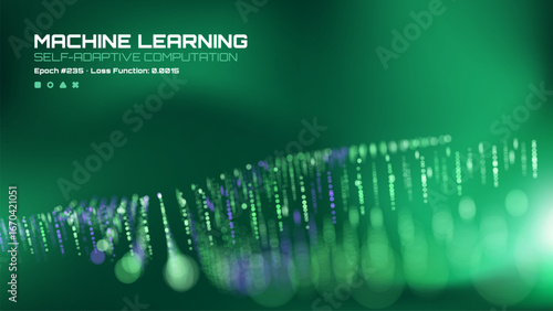 Machine learning self adaptive computation with dotted abstract light lines on green background. Digital data processing for technology concept.