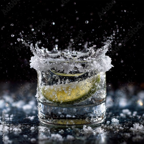 Tequila splash crystallizing in mid-air with salt refracting smiles, 1/8000s macro frozen motion with droplet corona, cocktail art photography