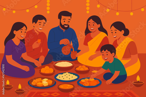 Indian family enjoying festive meal during Diwali celebration.