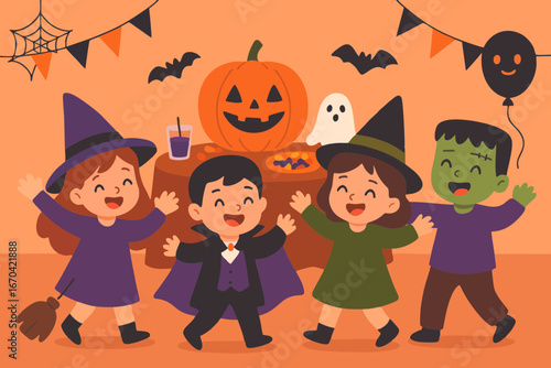  Children celebrating Halloween in spooky costumes