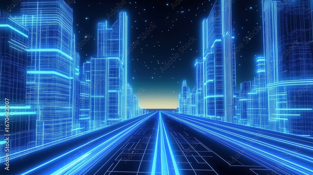 Fototapeta premium Futuristic Cityscape with Glowing Blue Lines