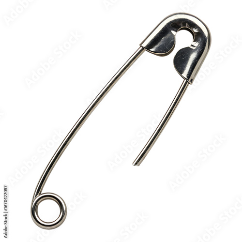Silver metallic safety pin isolated on white background used in sewing, tailoring, and everyday clothing repair work