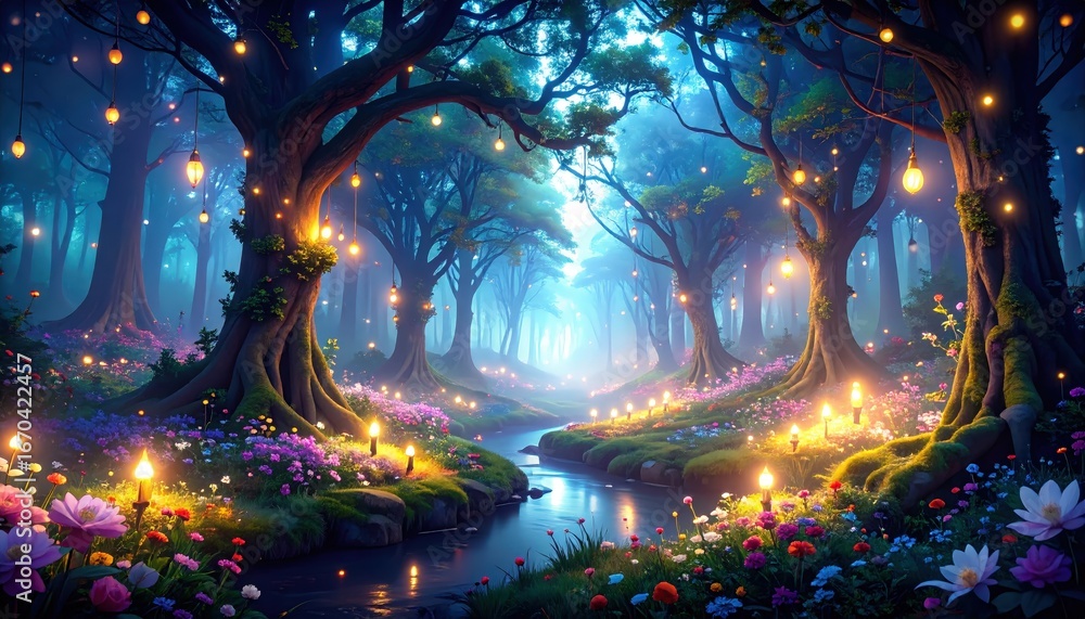 Obraz premium 光の粒が舞う幻想の花森 — ランタンと小径が導くドリームフォレスト