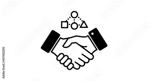 Business partnership illustrated by a handshake and interconnected shapes.