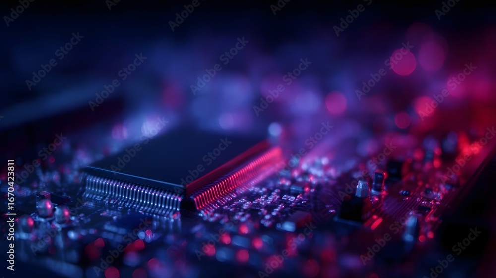 Fototapeta premium Detailed computer motherboard with dynamic visual effects