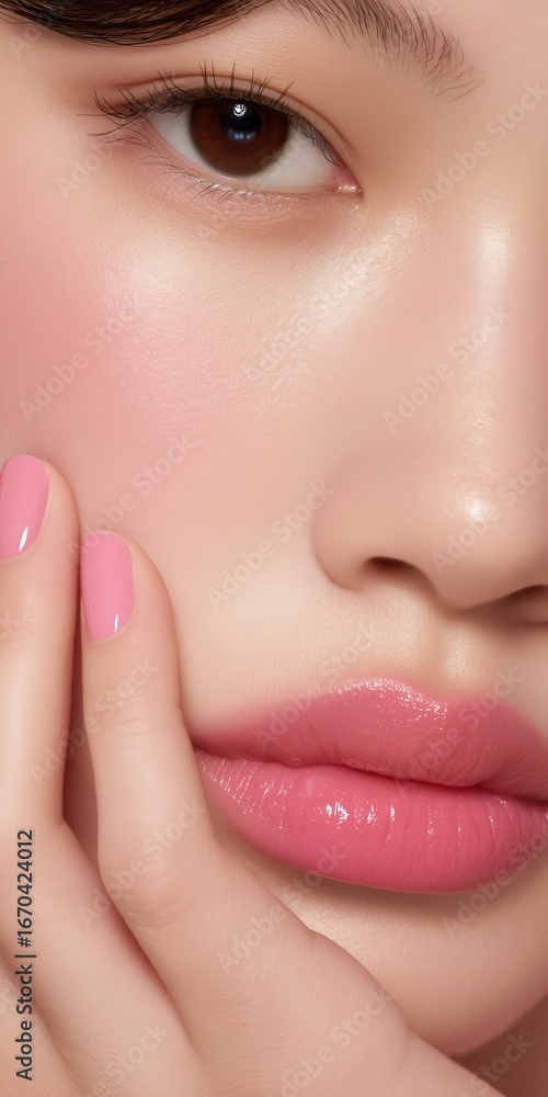 Fototapeta premium Radiant beauty: An up-close view of a person's face shows natural beauty and serenity, with striking eyes and delicate lips.