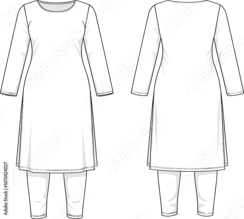 Two-piece outfit fashion flat, tunic and pants, front and back view, technical drawing, garment sketch, apparel design template, sewing illustration