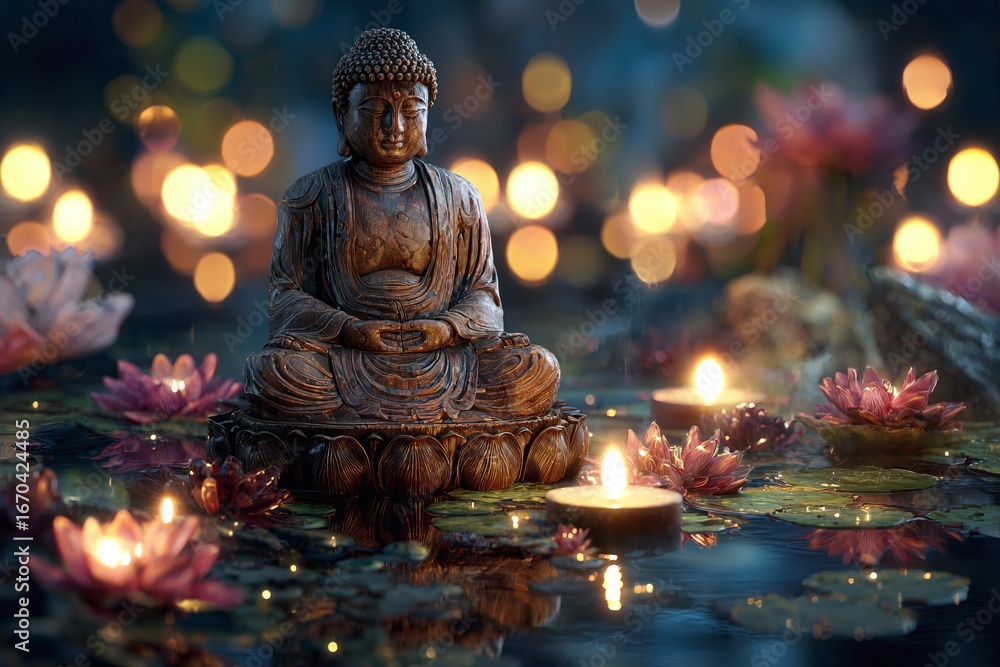 Wooden Buddha statue sits serenely amidst candles and water lilies, creating peaceful scene Wooden Buddha statue sits serenely amidst candles and water lilies, creating peaceful scene