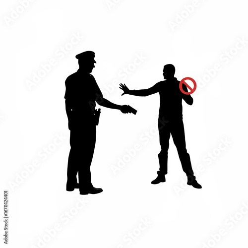 Silhouette of police officer apprehending drug dealer isolated on white background