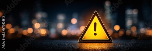 Yellow warning triangle with black exclamation point glows before blurred city lights