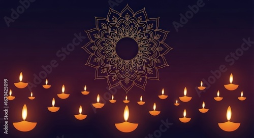 Golden mandala design above rows of glowing diya oil lamps on a dark purple background for Diwali celebration.