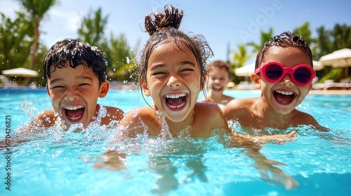 Children laughing and splashing in pool water during summer fun.