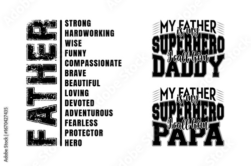 Bold Father’s Day typography tshirt design bundle, inspirational dad quotes, my father my superhero designs for tshirt