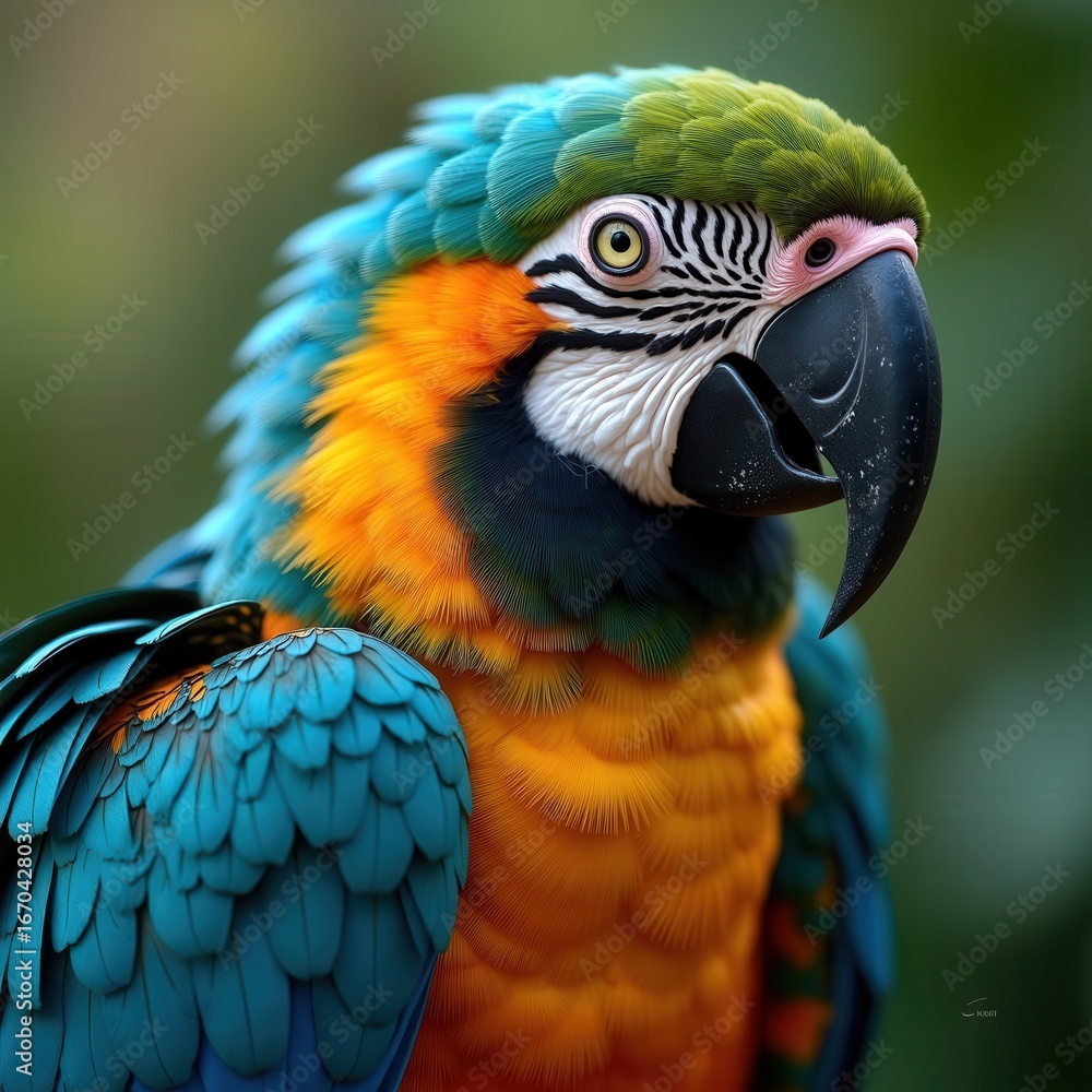 Fototapeta premium vibrantly colored parrot with striking blue, yellow, and green feathers perched in a natural setting, showcasing the intricate details of its plumage and intense gaze, alive, contour, crest, beady