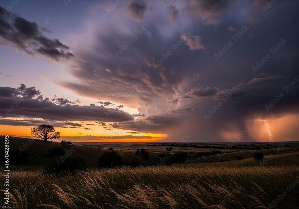 Fototapeta premium Dramatic Stormy Sky Over Golden Fields at Sunset with Distant Lightning Strike