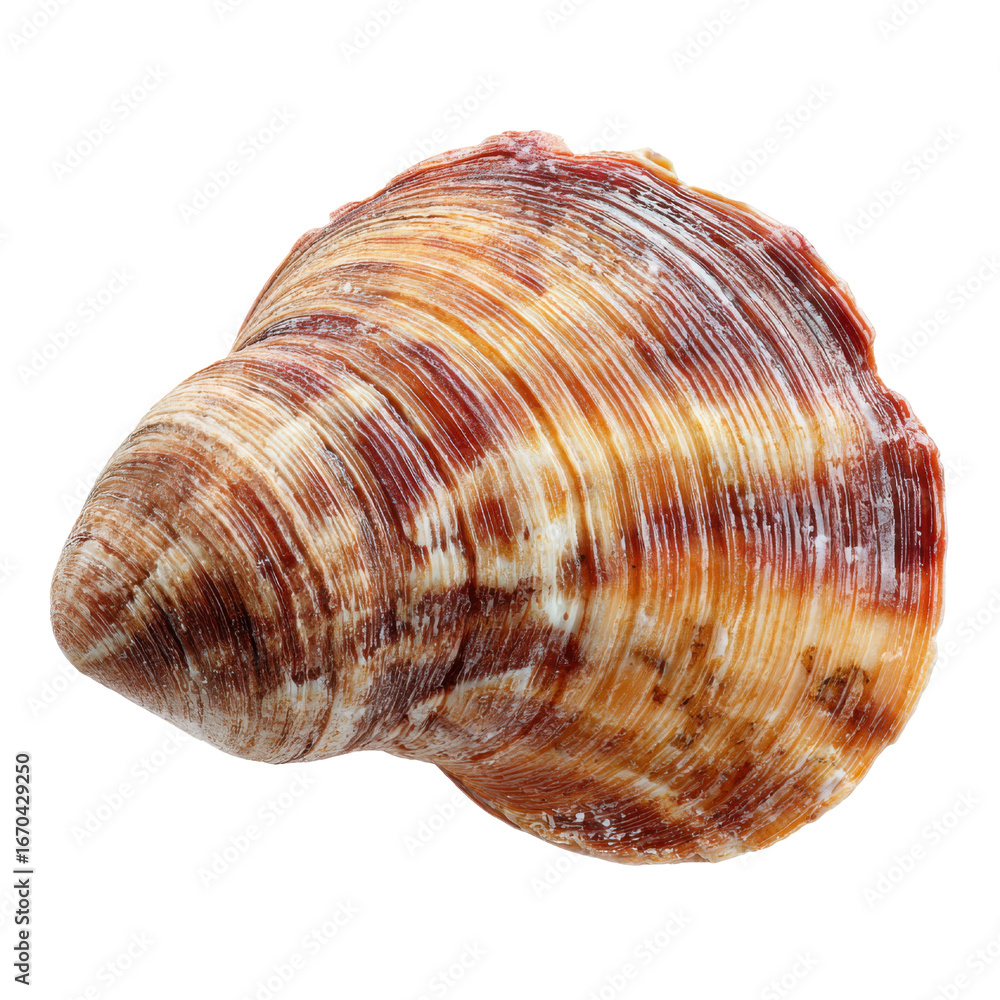 Obraz premium Detailed Close-up of a Striped Seashell with Orange and Brown Hues on Black Background conch marine life, Isolated On White, Png Transparent, Cut Out