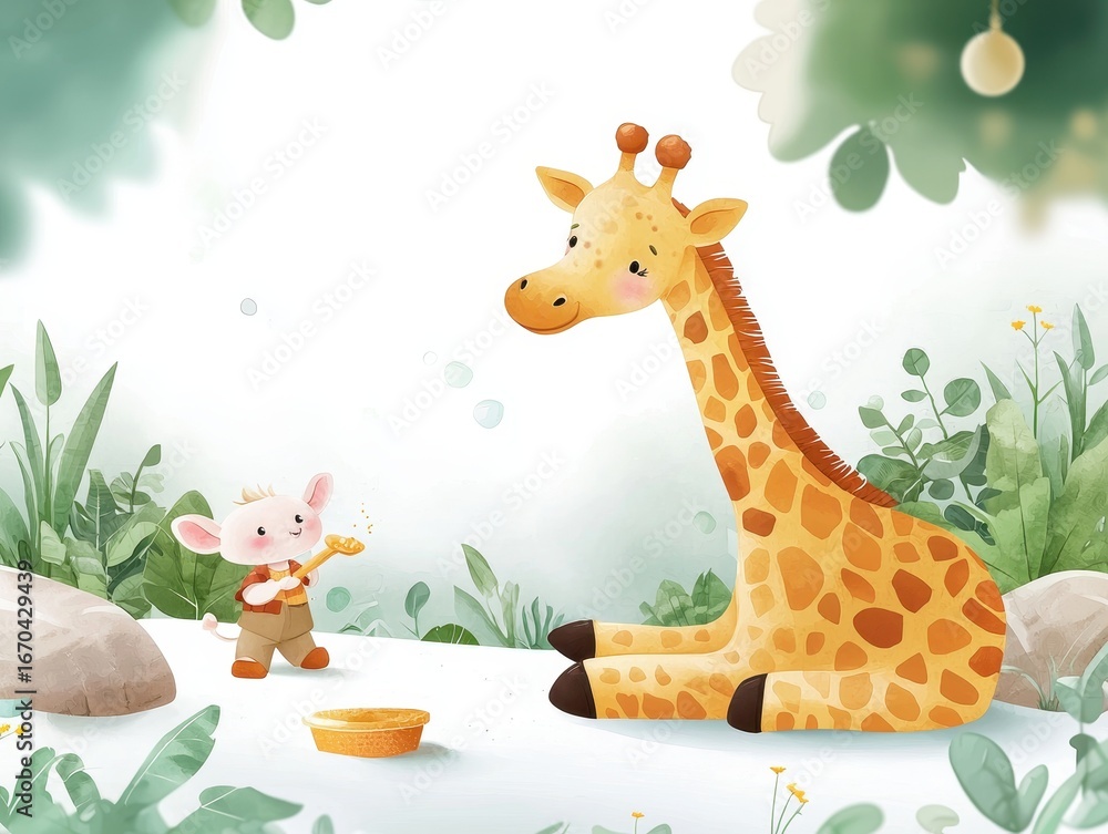 Fototapeta premium Zookeeper doll, feeding a giraffe, lively zoo environment, Watercolor style