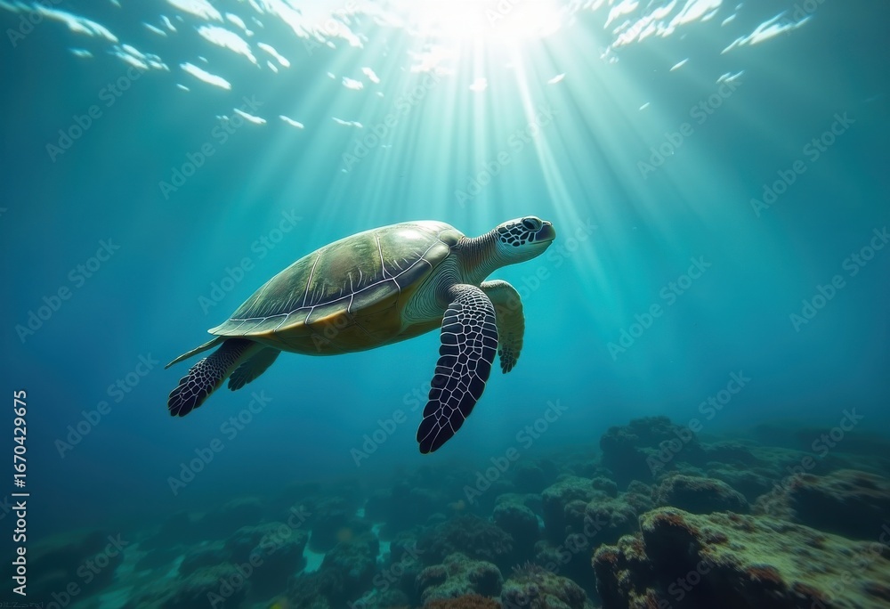 Obraz premium majestic sea turtle gliding through sunlit ocean waters, illuminated by radiant sunbeams, amidst serene underwater landscape and coral, evoking peace and tranquility, purity, azure, soothing