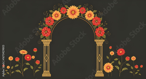 arch, flowers, vector, illustration, floral, frame, decorative, bouquet, design, botanical, wreath, arrangement, petals, leaves, garden, romantic, elegant, wedding, celebration, ornament, nature, beau
