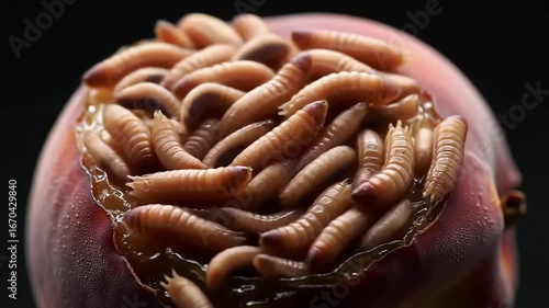 Close up view of writhing maggots infesting decaying matter.