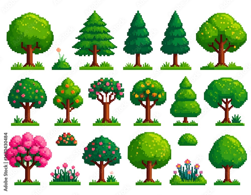 Fototapeta premium Pixel art trees and shrubs