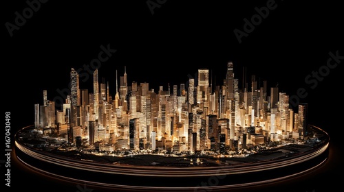 Illuminated cityscape model on dark background.