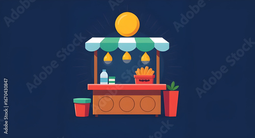 open-air shop illustration, local vendor stand, market vendor vector, farmer’s market stall, street seller booth, colorful market stall, small business shop vector, outdoor bazaar booth, handcart vend