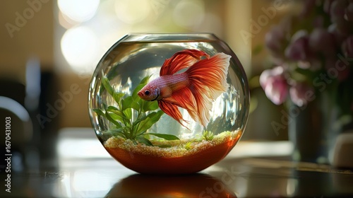 Orange betta fish in a round glass bowl.