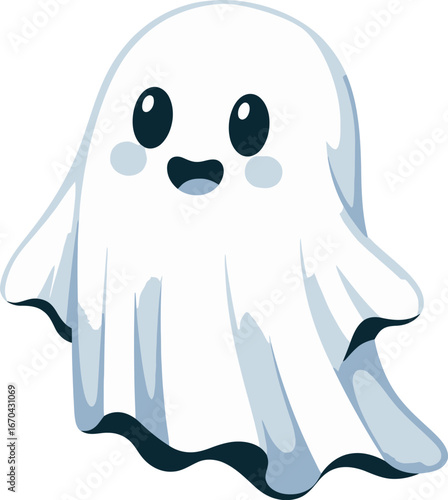 A friendly cartoon ghost with a happy expression, floating in the air.