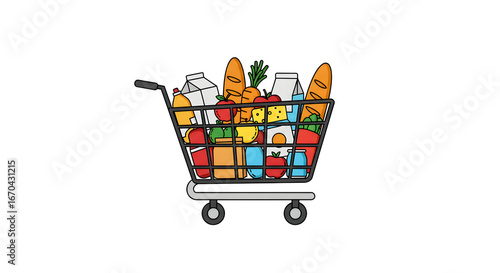 Shopping Cart Full of Groceries Fresh Food Illustration
