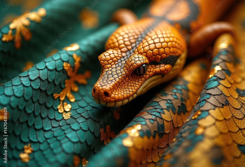 Fototapeta premium close-up of an intricately patterned snake showcasing vibrant orange and black scales against an ornate, luxurious teal and gold textile backdrop with decorative motifs, creature, tactile, visual