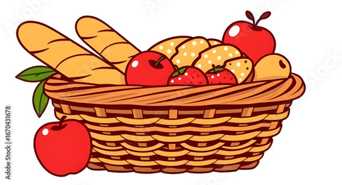basket, food, vector, illustration, picnic, fruits, vegetables, grocery, meal, basketful, healthy, fresh, market, snack, organic, natural, lunch, container, wicker, farming, nutrition, culinary, kitch