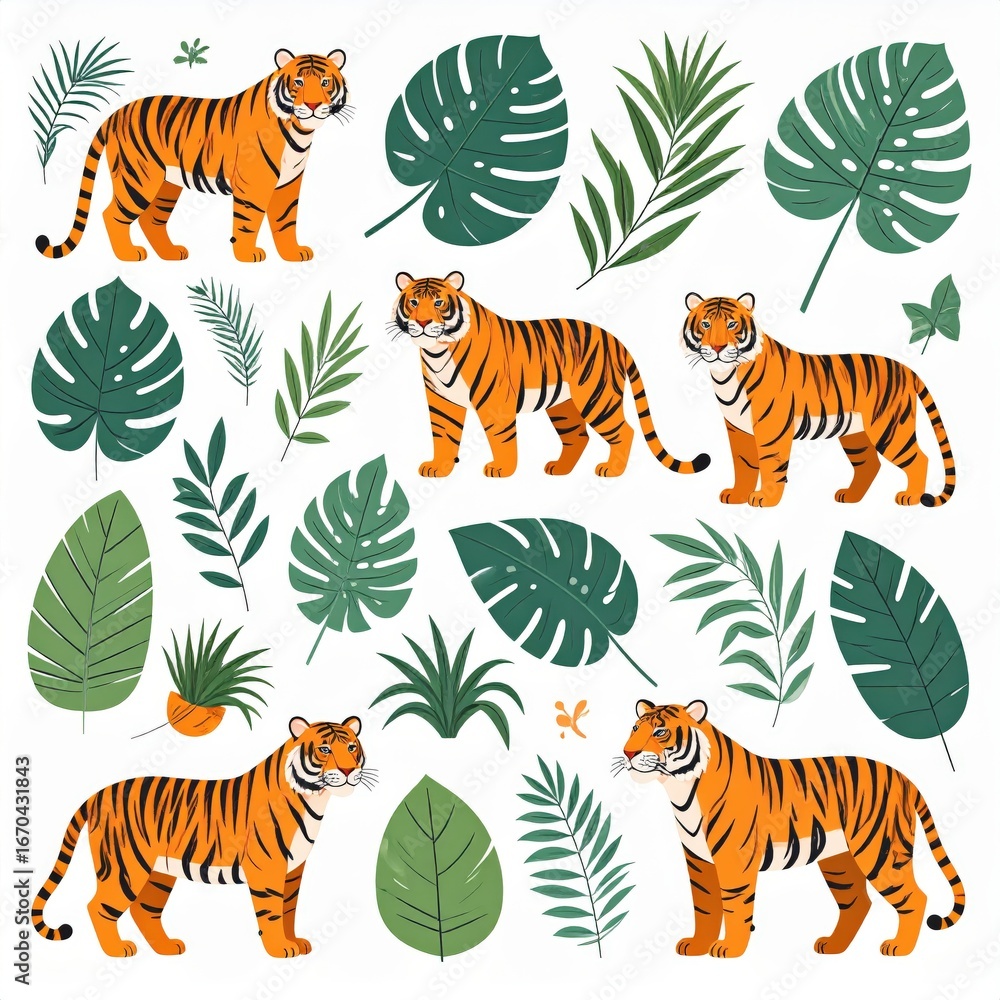 Obraz premium Vibrant Illustrated Set of Standing Tigers and Assorted Tropical Leaves.