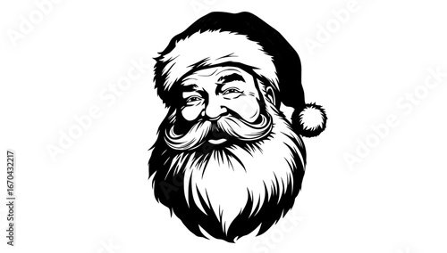 A black and white illustration of Santa Claus, rendered in intricate detail, captures his jolly essence. The portrait features his iconic hat and beard.
