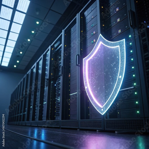A modern data center featuring server racks illuminated by colorful lights, with a glowing shield symbolizing cybersecurity.