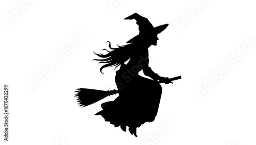 A silhouetted witch soars gracefully across the night sky on her trusty broom, embodying the mystical essence of Halloween, a timeless symbol of magic and wonder.