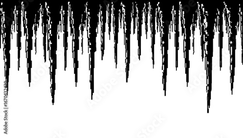 A stark, graphic image portrays rows of icicles, rendered in a high-contrast black and white. The monochrome aesthetic creates a dramatic, visually striking effect. 