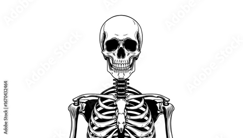 A striking black and white depiction of a human skeleton. It's a powerful image that can be used for many things. 