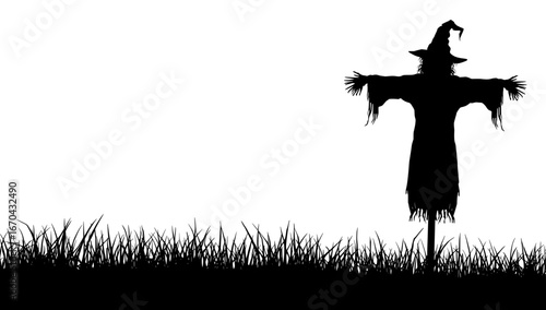 A mysterious scarecrow silhouette stands stoically amidst a grassy field, evoking a sense of rustic charm and autumn anticipation, while the monochromatic contrast amplifies the eeriness of the scene.