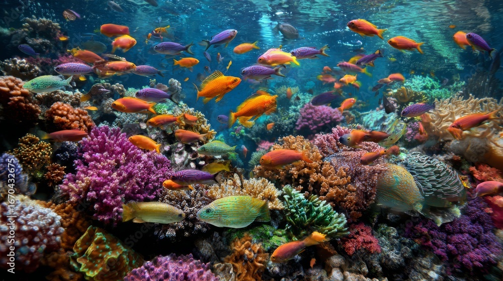 Fototapeta premium Tropical sea underwater fishes on coral reef, Generative AI,