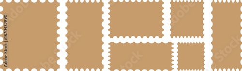 Antique set of wooden fence on a brown paper texture with a postage stamp border