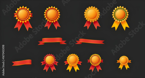 award, badge, set, emblem, medal, ribbon, label, seal, honor, achievement, trophy, winner, premium, quality, certification, stamp, vector, icon, illustration, reward, symbol, design, gold, silver, bro