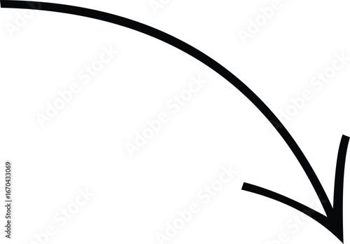 Hand drawn curved arrow pointing downward indicating direction and movement in simple graphics vector