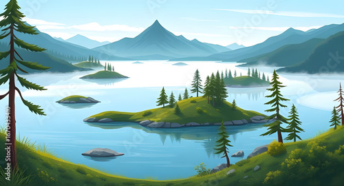 natural lake in mountains, mountain water scenery, early day lake view, pristine mountain lake, lake with misty mountains, morning mountain reflection, tranquil water scene, lake landscape vector, mou